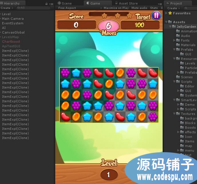 unity三消游戲《果凍花園》源碼v1.6 Unity5.3.3 以上版本打開